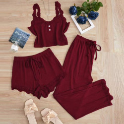 New lace trim camisole and shorts pajamas for women, wearable outside the slim three-piece set.