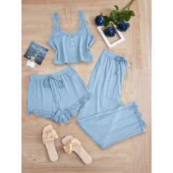 New lace trim camisole and shorts pajamas for women, wearable outside the slim three-piece set.