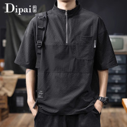 Stitching design sense half-zipper short-sleeved polo shirt quick-drying lapel T-shirt trend