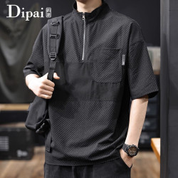 Stitching design sense half-zipper short-sleeved polo shirt quick-drying lapel T-shirt trend