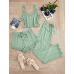 New lace trim camisole and shorts pajamas for women, wearable outside the slim three-piece set.