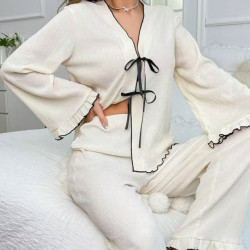 2025 New Women's Homewear Long Sleeve Bathrobe Set Elegant Loose Casual Butterfly Tie Home 2 Piece Set