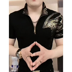 Stand-up collar gold-plated fashion men's short-sleeved elastic casual slim T-shirt zipper top