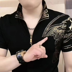 Stand-up collar gold-plated fashion men's short-sleeved elastic casual slim T-shirt zipper top