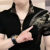 Stand-up collar gold-plated fashion men's short-sleeved elastic casual slim T-shirt zipper top