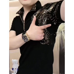Stand-up collar gold-plated fashion men's short-sleeved elastic casual slim T-shirt zipper top