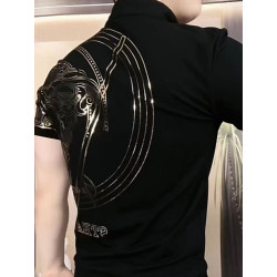 Stand-up collar gold-plated fashion men's short-sleeved elastic casual slim T-shirt zipper top