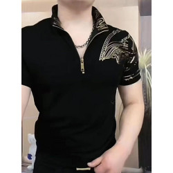 Stand-up collar gold-plated fashion men's short-sleeved elastic casual slim T-shirt zipper top
