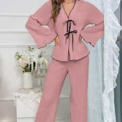 2025 New Women's Homewear Long Sleeve Bathrobe Set Elegant Loose Casual Butterfly Tie Home 2 Piece Set