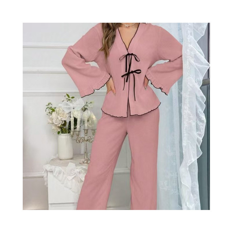 2025 New Women's Homewear Long Sleeve Bathrobe Set Elegant Loose Casual Butterfly Tie Home 2 Piece Set