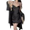 Sexy V-neck lace lingerie, silver deep V camisole nightgown, French open front robe, home lady's set.