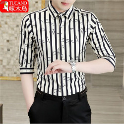 Woodpecker medium-sleeved men's shirt three-quarter sleeve casual short-sleeved men's clothing
