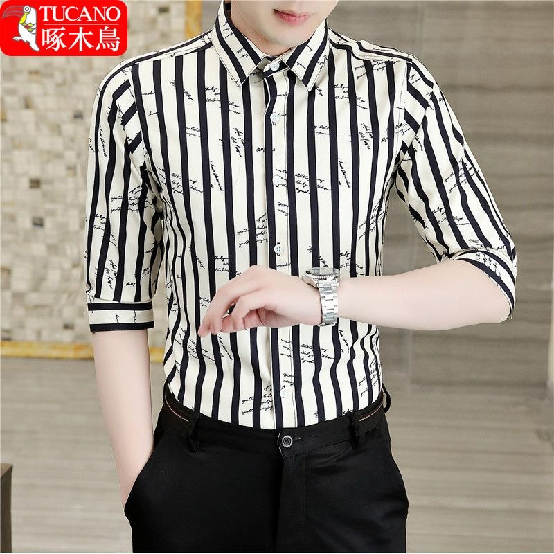 Woodpecker medium-sleeved men's shirt three-quarter sleeve casual short-sleeved men's clothing Woodpecker medium-sleeved men's shirt three-quarter sleeve casual short-sleeved men's clothing