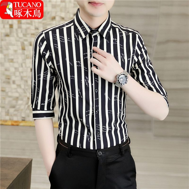 Woodpecker medium-sleeved men's shirt three-quarter sleeve casual short-sleeved men's clothing
