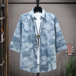 Ice silk short-sleeved shirt men's top wear thin cardigan T-shirt fashion