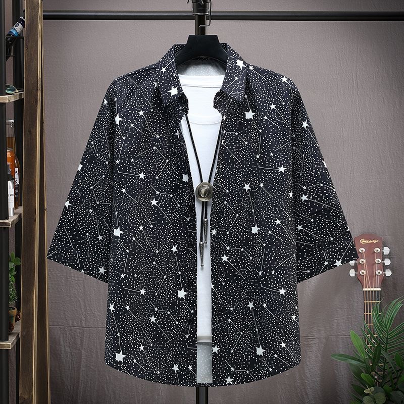 Ice silk short-sleeved shirt men's top wear thin cardigan T-shirt fashion