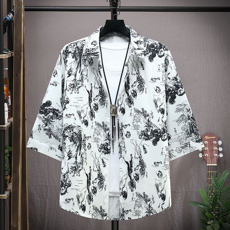 Ice silk short-sleeved shirt men's top wear thin cardigan T-shirt fashion