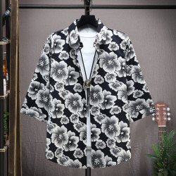 Ice silk short-sleeved shirt men's top wear thin cardigan T-shirt fashion