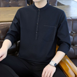 Cotton and linen three-quarter sleeve shirt stand-up collar pure cotton shirt new Chinese style short-sleeved T-shirt