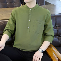 Cotton and linen three-quarter sleeve shirt stand-up collar pure cotton shirt new Chinese style short-sleeved T-shirt
