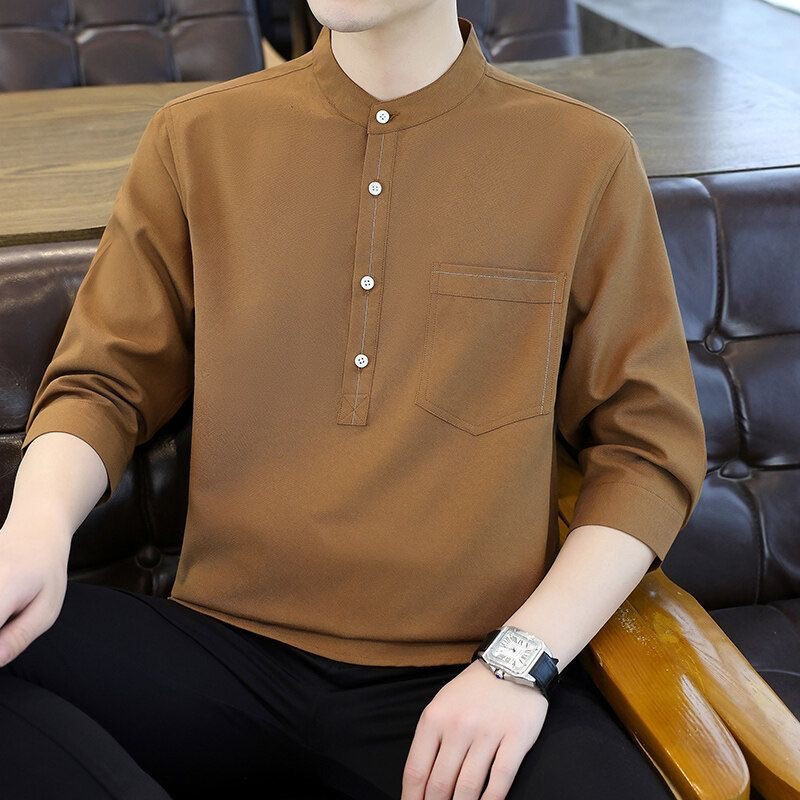 Cotton and linen three-quarter sleeve shirt stand-up collar pure cotton shirt new Chinese style short-sleeved T-shirt