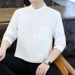 Cotton and linen three-quarter sleeve shirt stand-up collar pure cotton shirt new Chinese style short-sleeved T-shirt