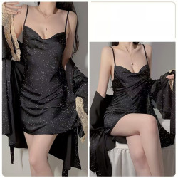 Sexy V-neck lace lingerie, silver deep V camisole nightgown, French open front robe, home lady's set.