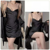 Sexy V-neck lace lingerie, silver deep V camisole nightgown, French open front robe, home lady's set.
