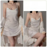 Sexy V-neck lace lingerie, silver deep V camisole nightgown, French open front robe, home lady's set.
