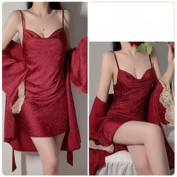 Sexy V-neck lace lingerie, silver deep V camisole nightgown, French open front robe, home lady's set.