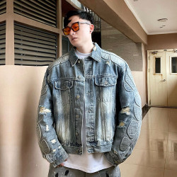 Washed old hole loose denim jacket men's and women's motorcycle jacket