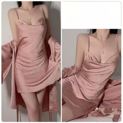 Sexy V-neck lace lingerie, silver deep V camisole nightgown, French open front robe, home lady's set.