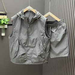 Cardigan zipper hooded sleeveless T-shirt men's workwear three-dimensional pocket shoulder