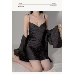 Sexy V-neck lace lingerie, silver deep V camisole nightgown, French open front robe, home lady's set.