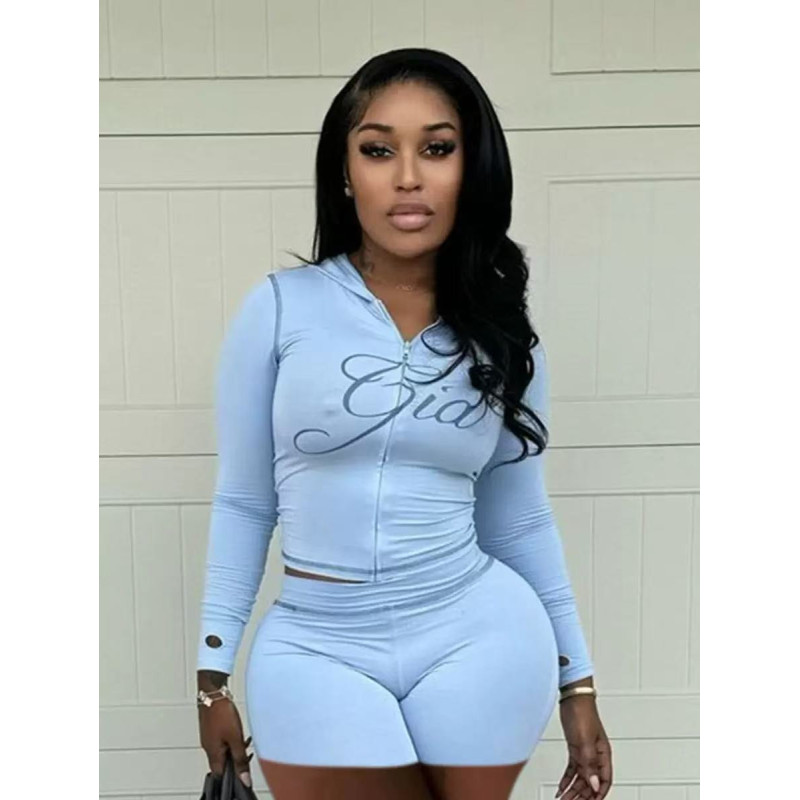 Fashion retro printed slim elastic hooded sports style long-sleeved jacket shorts set women