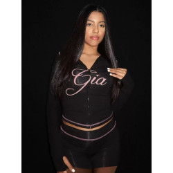 Fashion retro printed slim elastic hooded sports style long-sleeved jacket shorts set women