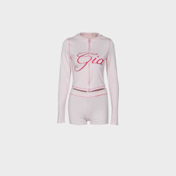Fashion retro printed slim elastic hooded sports style long-sleeved jacket shorts set women