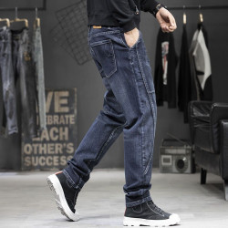 Stitching elastic fattening jeans men's fat men's loose straight trousers men's trousers