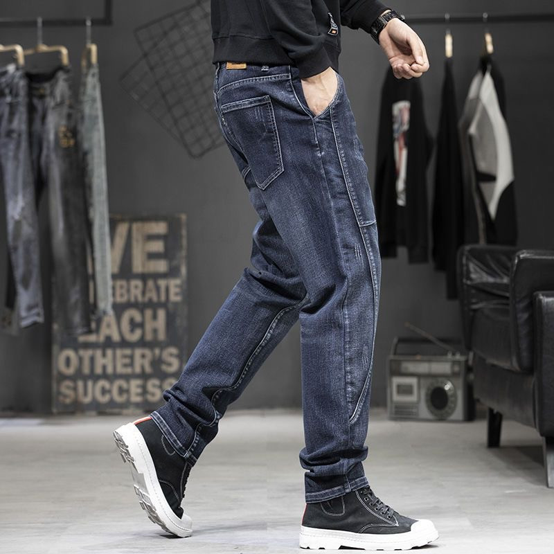 Stitching elastic fattening jeans men's fat men's loose straight trousers men's trousers