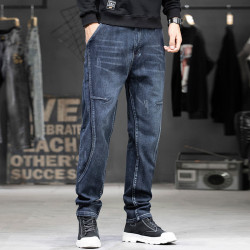 Stitching elastic fattening jeans men's fat men's loose straight trousers men's trousers