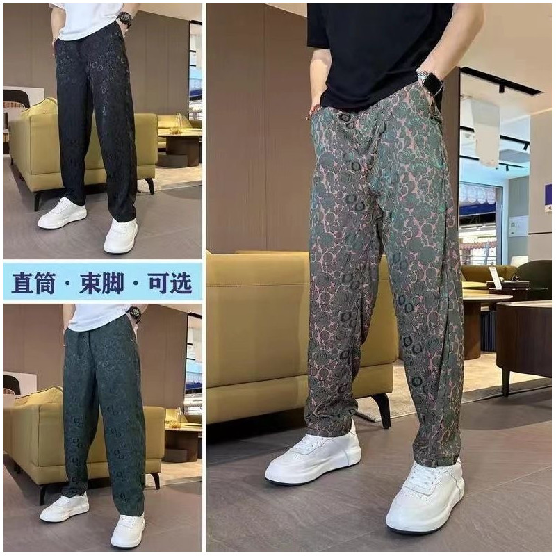 Thin ice silk trousers, men's trousers, printed cool and breathable loose casual trousers