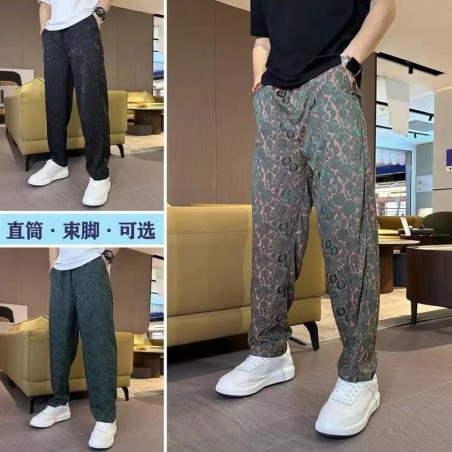 Thin ice silk trousers, men's trousers, printed cool and breathable loose casual trousers
