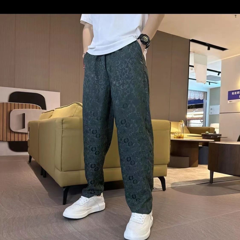 Thin ice silk trousers, men's trousers, printed cool and breathable loose casual trousers