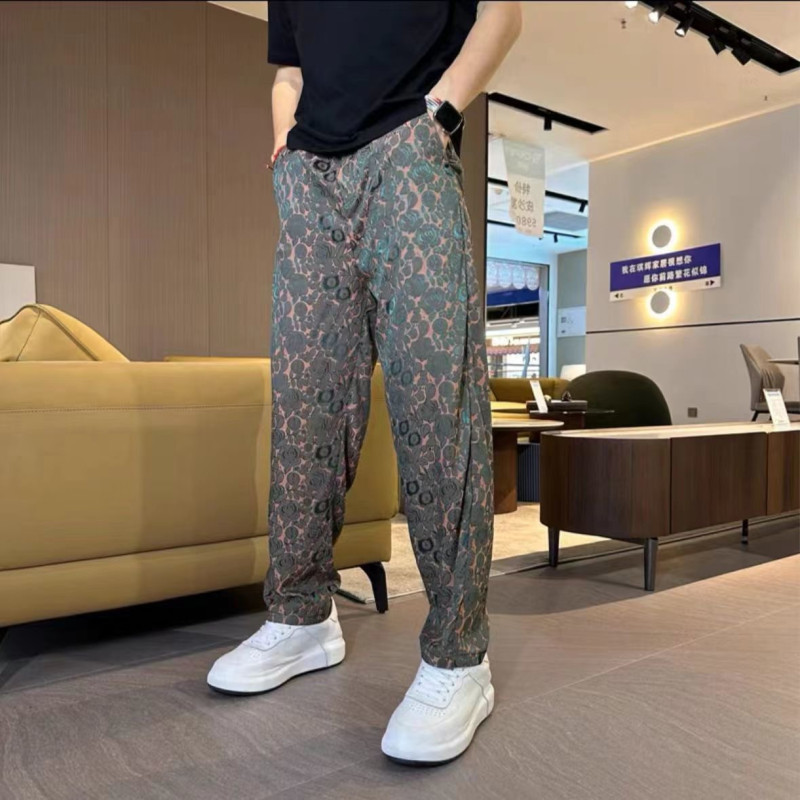 Thin ice silk trousers, men's trousers, printed cool and breathable loose casual trousers