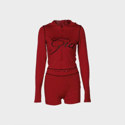 Fashion retro printed slim elastic hooded sports style long-sleeved jacket shorts set women