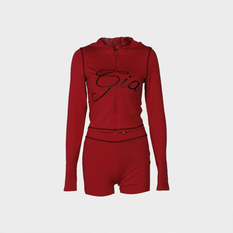 Fashion retro printed slim elastic hooded sports style long-sleeved jacket shorts set women