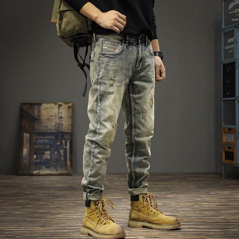 Retro nostalgic jeans men's fashion brand slim straight versatile ripped trousers