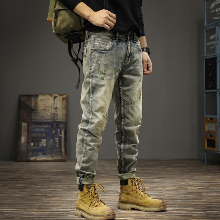Retro nostalgic jeans men's fashion brand slim straight versatile ripped trousers