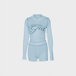 Fashion retro printed slim elastic hooded sports style long-sleeved jacket shorts set women