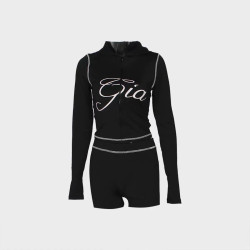 Fashion retro printed slim elastic hooded sports style long-sleeved jacket shorts set women